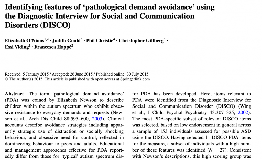 Journal Article - O'Nions et al_2016_Identifying features of PDA using diagnostic interview for social and communication disorders