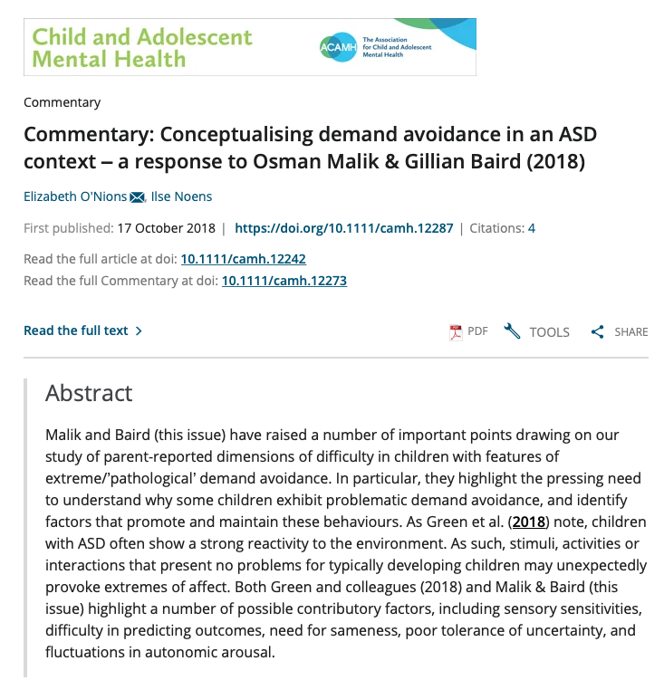 Journal Article - O'Nions et al_2018_Commentary on Malik & Baird 2018_Conceptualising demand avoidance in an ASD context