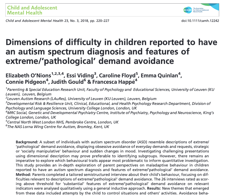 Journal Article - O'Nions et al_2018_Dimensions of difficulty in children reported to have ASD and features of PDA