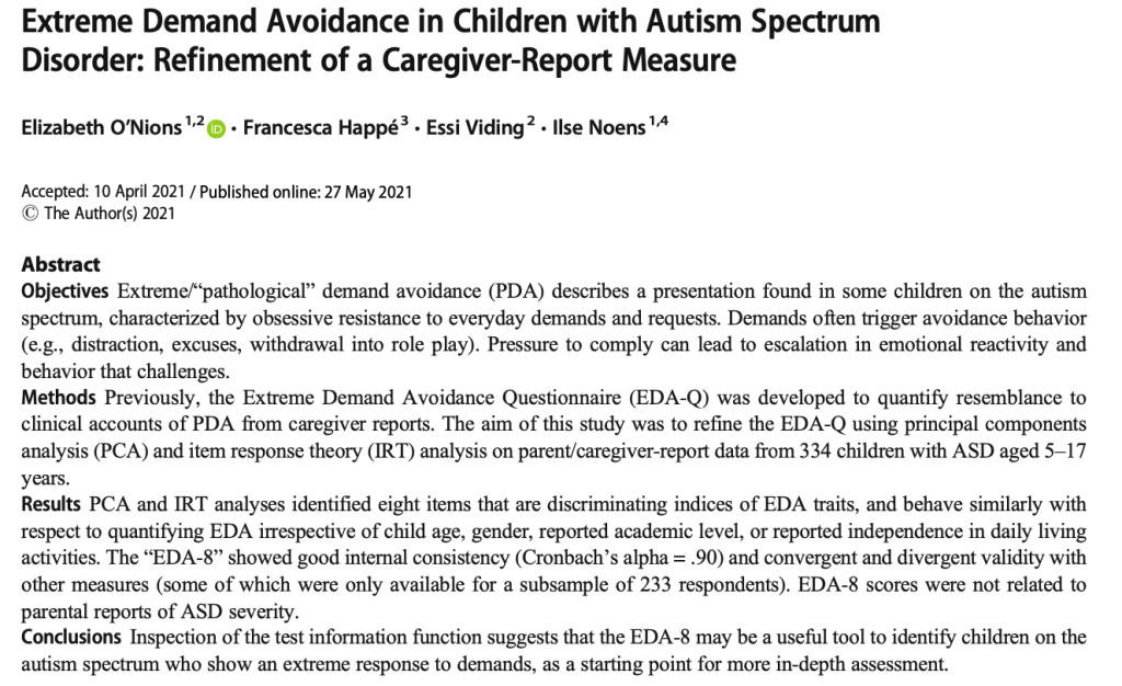 Journal Article - O'Nions et al_2021_Extreme Demand Avoidance with Children with ASD_refinement of a caregiver report measure