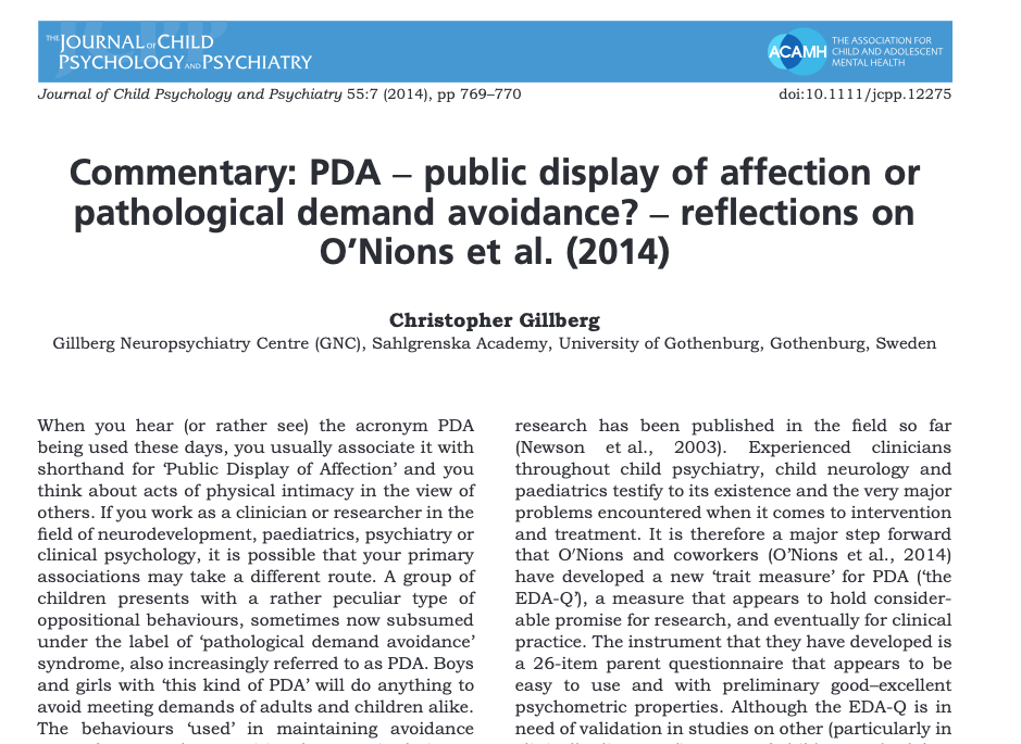 Journal Article_ Commentary: PDA - public display of affection or pathological demand avoidance? - reflections on O'Nions et al. (2014)