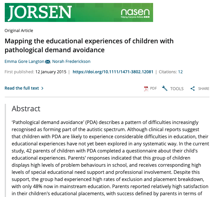 Journal Article - Mapping the educational experiences of children with PDA