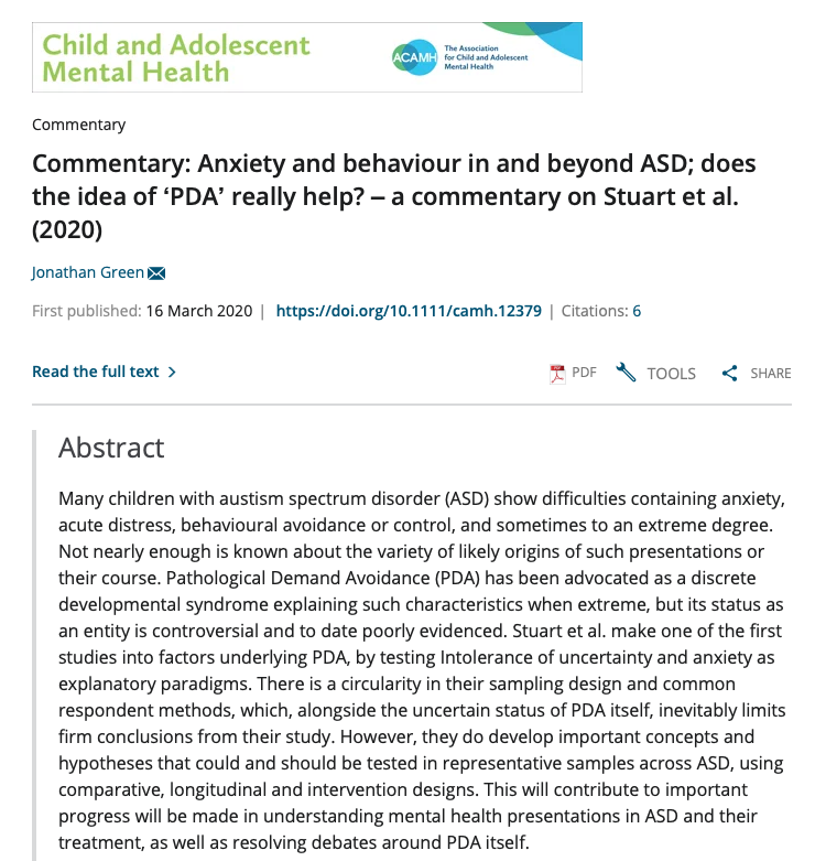 Journal Article - Green_2020_Commentary on Stuart 2020_Anxiety and behaviour in and beyond ASD_does the idea of PDA really help