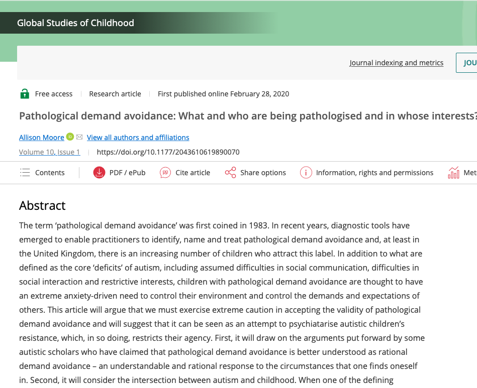 Journal Article - Moore_2020_PDA_what and who are being pathologised and in whose interests